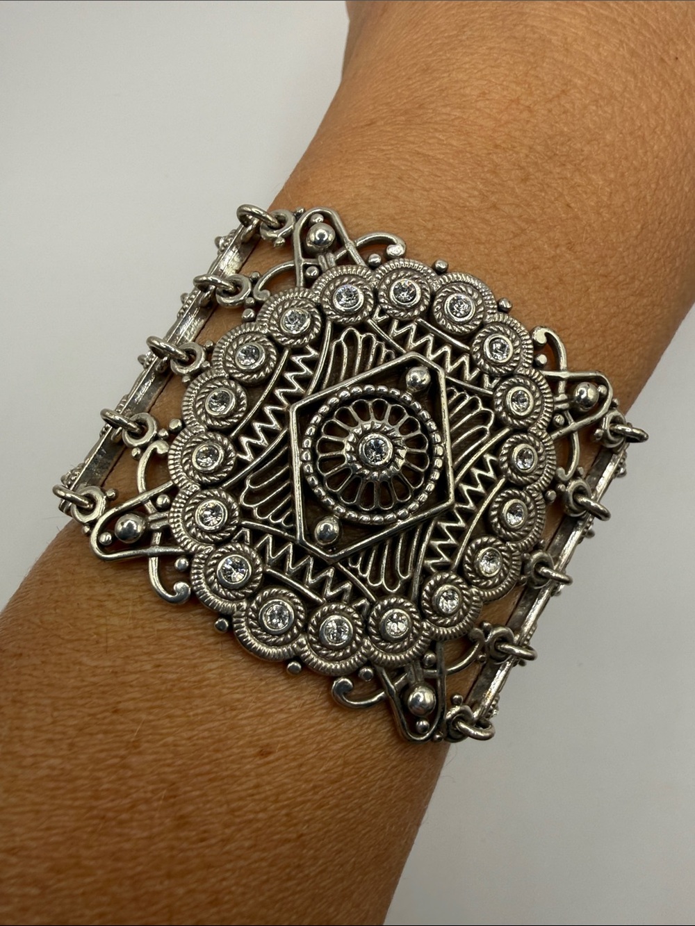 Vintage Silver Tone Filigree Large Wide Bangle Cuff Celtic Statement Bracelet